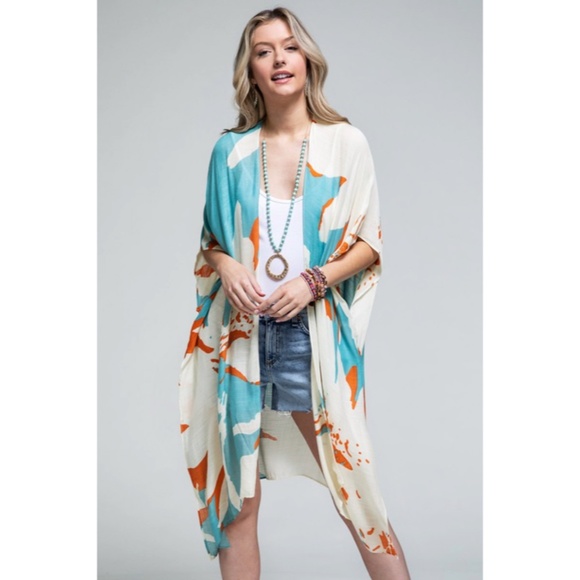 SOLD OUT Aquamarine Long Floral Sweeping Summer Vacation Casual Coverup Wrap - Picture 2 of 4